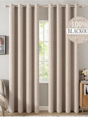 100% Blackout Linen-Texture Curtain Panel in Beige